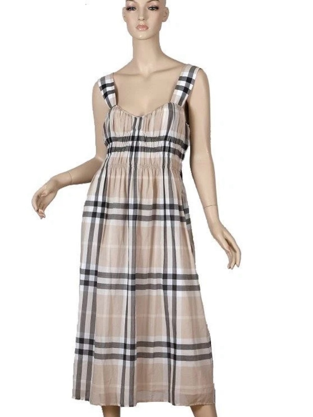 NEW BURBERRY CLASSIC BEIGE IVORY GRAY CHECK PLEATED COTTON SUMMER DRESS 44/10 - Picture 3 of 8